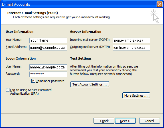 Step 4 Set up an e-mail account on Microsoft Outlook 2002/3 - Step 4 of 7